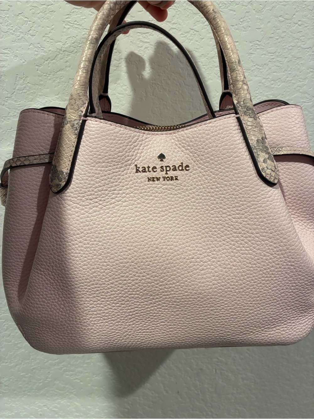 kate spade Pebbled Leather Satchel in Light Pink with Snakeskin-Trim Handles - Picture 8 of 11